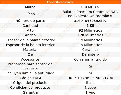 Balatas Cermicas Delanteras C300 15/20 Brembo Foto 3