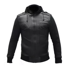 Chamarra Para Hombre Piel Sintética Con Hoodie Negra Gerhel