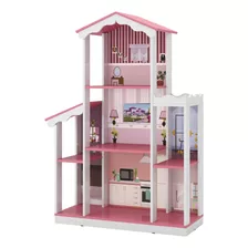 Casa De Boneca Sonho 8 Cômodos Branco/rosa Estilo Barbie