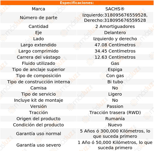 2- Amortiguadores Gas Delanteros Fortwo L3 0.7l 05/06 Sachs Foto 2