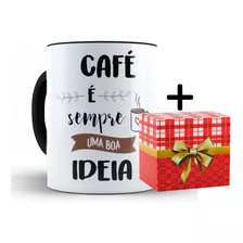 Caneca Café Boa Ideia Porcelana Preto + Caixa Brinde