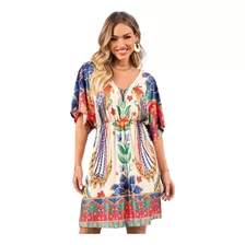 Vestido Floral Tropical Curto Feminino Soltinho Com Decote V