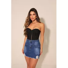 Saia Jeans Curta Feminina Com Lycra Cintura Alta Elegante