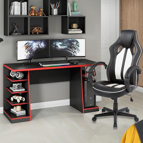 Mesa Gamer Xp Vermelho + Cadeira Gamer Royale Preto E Branca