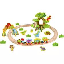 Tren Con Pista Dinosaurio Jurasico Imantado X40 Pzs Madera