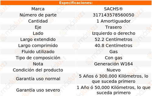 1- Amortiguador Gas Trasero Izq/der Ml350 06/11 Sachs Foto 2