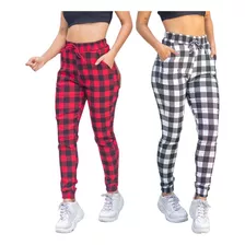 Kit 2 Calças Jogger Feminina Quadriculada Vermelho E Preto