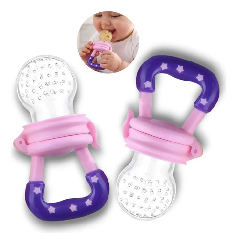 Kit 2 Chupetas Alimentadoras De Silicone Para Frutas, Rosa E Azul Médio