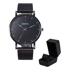 Relógio Masculino Geneva Fino Malha Quartzo Luxo Preto Pulso