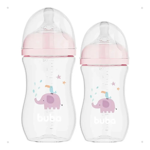 Kit C/2 Mamadeiras Easy Flow Buba 270ml E330ml Elefante Rosa Animais