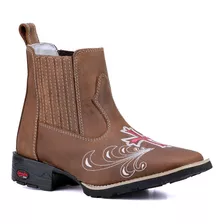 Bota Botina Feminino Texana Bico Quadrado Couro Cano Curto Bordado Rosa.