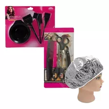 Kit Pocillo + 3 Brochas Pelo + 2 Tijeras + Peine + Gorro 9pc