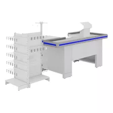 Expositor Checkstand Com Checkout 1,50m Branco Perfil Azul