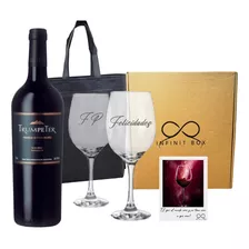 Box Vino Trumpeter Malbec + 2 Copas Vidrio Grabadas Regalo 