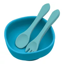 Kit Prato Bowl Tigela Silicone Ventosa + Copo Kababy Azul Liso