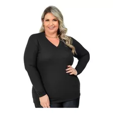 2 Blusas Manga Longa - Gola V - Canelada - Plus Size