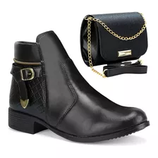 Bota Feminina Coturno Montaria Salto Baixo + Bolsa Pequena