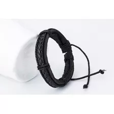 Pulsera De Cuero Negro - Ajustable Desde 18cm (d831)