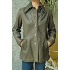 Campera Tipo Saco, De Cuero, Color Verde Oscuro