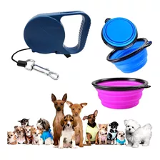 Kit Guia + Comedouro Retrátil P/ Cães Cachorro Porte Pequeno