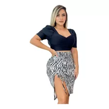 Saia Animal Print Fenda Ajustavel Amarração Social Zebra Top