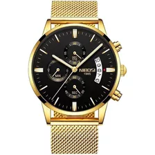 Relógios Masculinos Nibosi Dourado Aço Inox Com Cronógrafo Cor Da Correia Dourado Mesh Cor Do Fundo Preto
