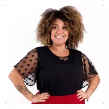 Roupa Feminina Bata Com Manga Godê De Tule Poá Plus Size +56