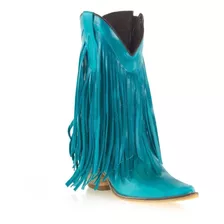 Bota Texana Feminina Couro Fóssil Azul Turquesa