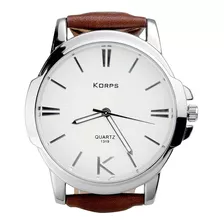 Relógio Luxo Korps 1319 Prata Fundo Branco Pulseira Couro