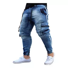 Calça Jogger Masculina Jeans Azul Cargo Linha Lateral