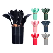 Jogo 11 Colheres Silicone Cabo Madeira Utensílios Cozinha Cor Preto