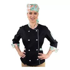 Dólmã Feminina Chef Cozinha Bandana Estampada Floral Verde