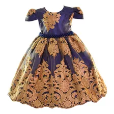 Vestido Festa Infantil Realeza Renda Princesa Cinderela Show Luna Azul Royal Com Dourado Luxo 