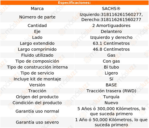 2- Amortiguadores Gas Delanteros Clk500 V8 5.0l 03/06 Sachs Foto 2