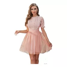 Vestido Corto Rosa Tul Encaje Elegante Fiesta Boda Dama Baut