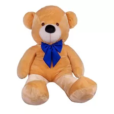Urso Gigante Grande Pelúcia Teddy Bear 90 Cm Doce De Leite Cor Doce De Leite Laço Azul