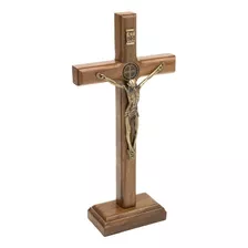 Crucifixo De Mesa E Parede Medalha De São Bento Dourado 19cm