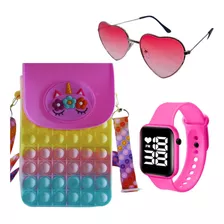 Relógio Led Infantil Menina + Óculos De Sol + Bolsa Pop-it