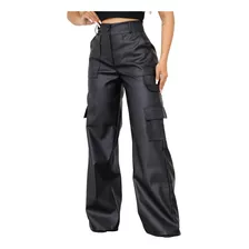 Calça Cargo Pantalona Couro Fake Wide Leg Lançamento 2023