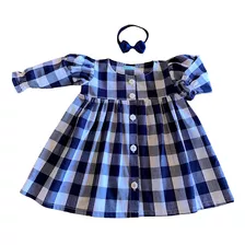 Roupa Bebe Menina Xadrez Manga Longa Com Tiara 100% Algodão