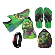 Tênis Led Infantil Hulk Novo + Mochila + Chinelo + Relógio