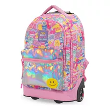 Mochila Mooving Trolley Magic C/ Rueditas 47x32x16 Cm Color Rosa Diseño De La Tela Emojis