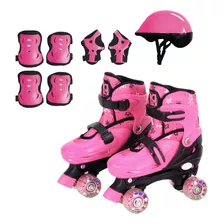 Patins Infantil Rosa Pink Kit Completo 4 Rodas Freio Luz Led
