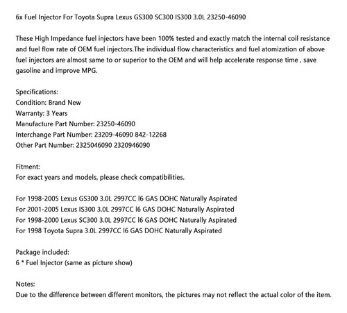 6x Fuel Injector For Toyota Supra Lexus Gs300 Sc300 Is300 Foto 5