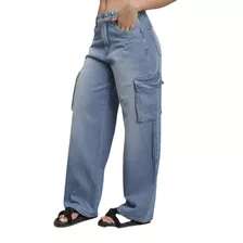 Calça Jeans Feminina Wide Leg Cargo Cintura Alta Com Recorte