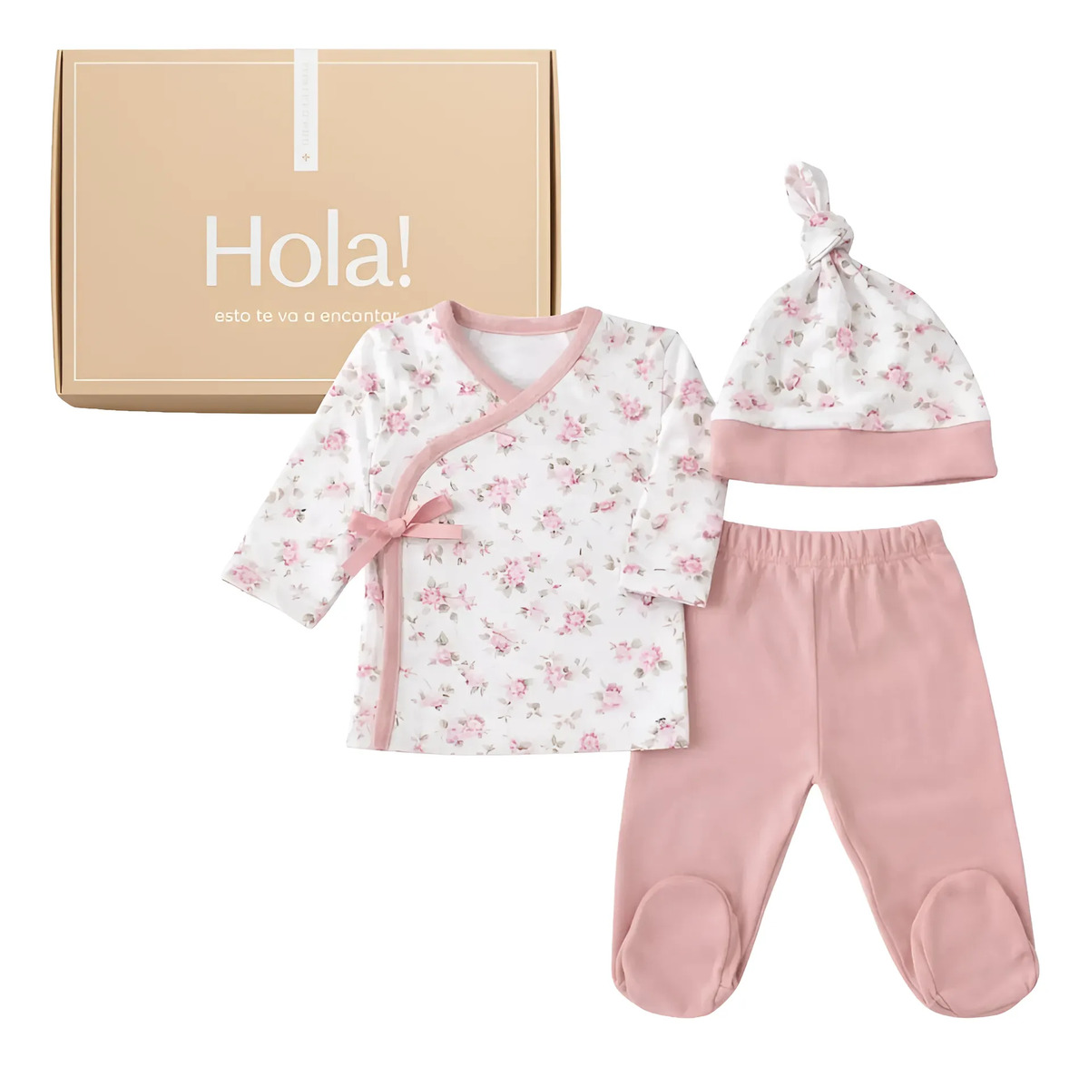 Ajuar Bebe Recien Nacido Algodon Pima Hipoalergenico Rosa Set Nacimiento Calidad Premium Suave Delicado Estampado 3 Piezas Con Caja Ideal Regalo Niña Talle 2 - Hasta 4,5kg