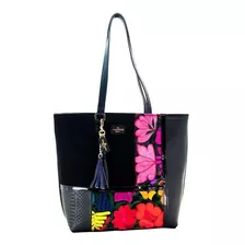 Bolsa Tote Angelozano Mexican Art Victoria Diseño Floreado De Cuero Bovino Negra Asas Color Negro Y Herrajes Oro