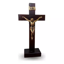 Crucifixo De Mesa Barroco Cruz De Madeira C/ Pedestal 24,5cm Cor Marrom