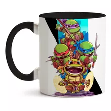 Caneca Tartarugas Ninjas Xícara Alça Preta + Caixa Brinde