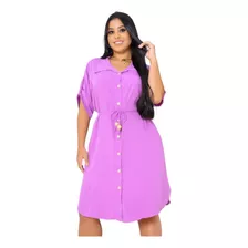 Camisa Viscolinho Chemise Manga Longa Vestido Curto Tendênci